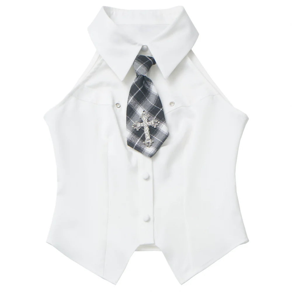 Y2k Hooded Crop Top + Sleeveless Shirt With Tie + Plaid Culottes