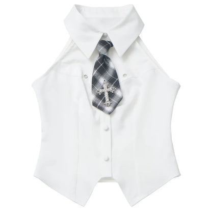 Y2k Hooded Crop Top + Sleeveless Shirt With Tie + Plaid Culottes