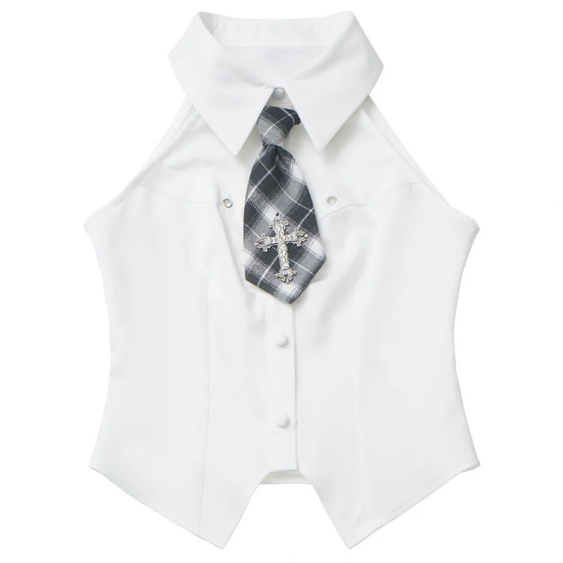 Y2k Hooded Crop Top + Sleeveless Shirt With Tie + Plaid Culottes