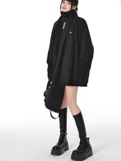 Metal Star Dark Style Loose Knit Cardigan With Scarf