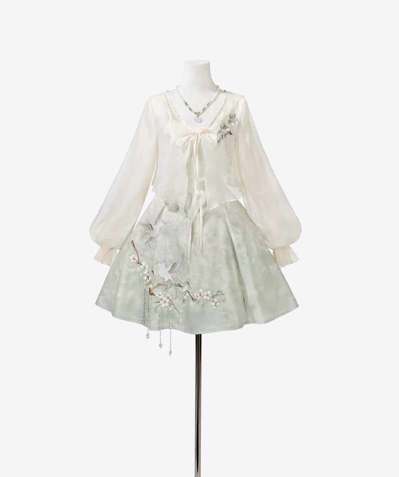 Chinese-style Gradient Retro Dress + Sheer Cardigan