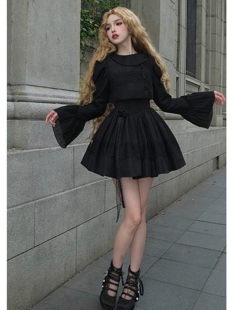 Night Traveler Classic Black Gothic Lace Jacket Dress + Ruffle White Blouse and Black Dress