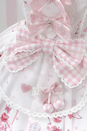 [pre-order Deadline: May 5] Pink Cherry Print Lace Ribbon Bunny Ear Apron Jsk Dress + Accessories