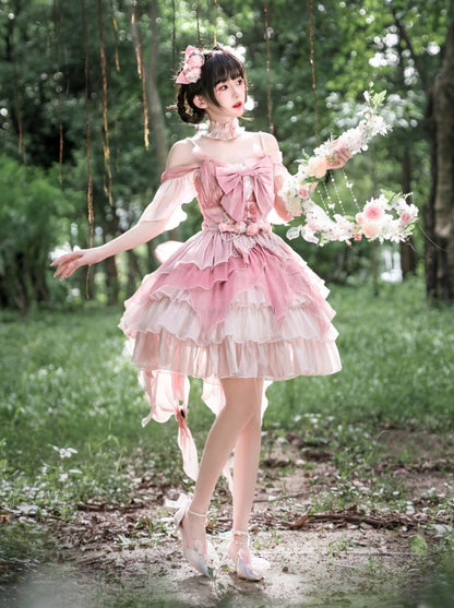 Sweet Pink Ribbon Wedding Lolita Dress + Waist Chain + Tail + Hair Accessory + Accessory