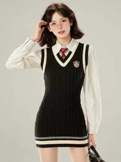 College Style Necktie White Shirt + V-neck Knit Vest Dress