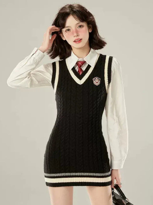 College Style Necktie White Shirt + V-neck Knit Vest Dress
