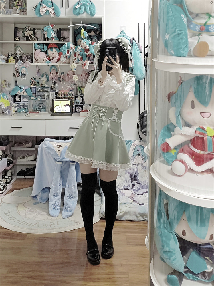 Ruffled Lace-up High Waist Suspender Skirt