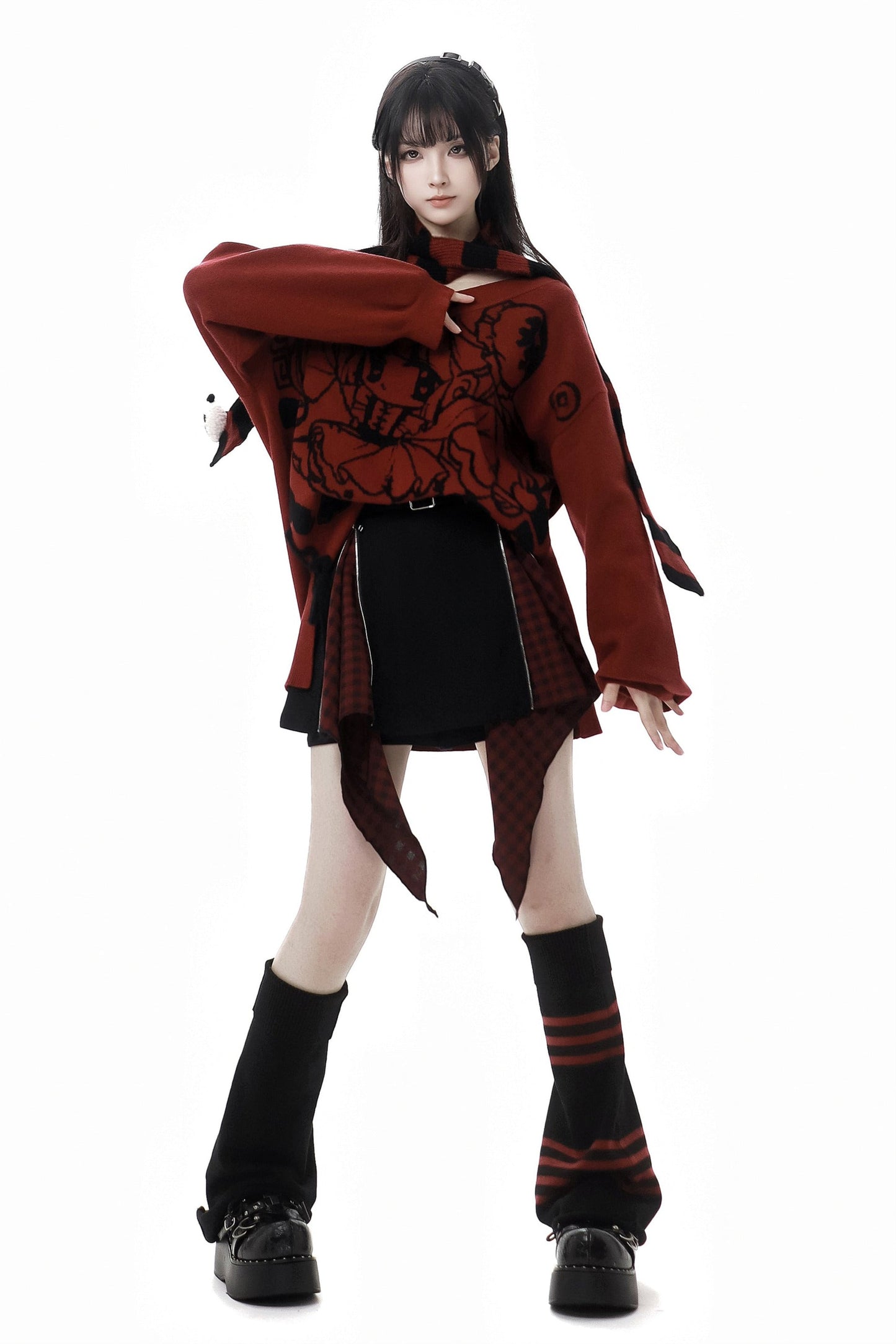 Chinese-style Illustration V Neck Knit Slim Sweater Design Shirt & Skirt Set