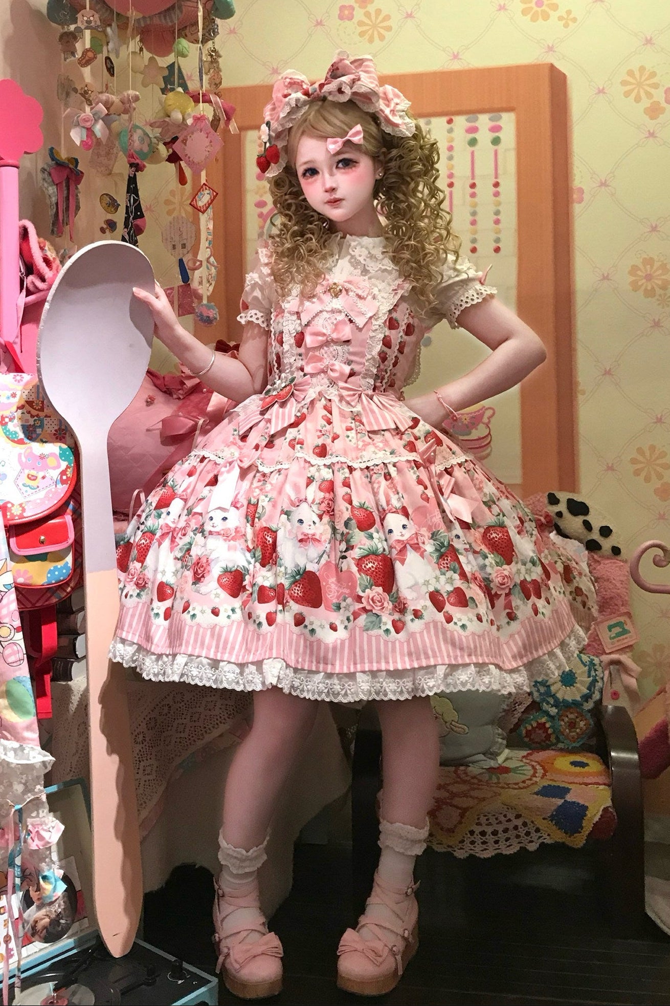 [pre-order Deadline: April 29] Strawberry Rabbit Ear Ribbon Shirt + Ruffled Shoulder Lace Ribbon Jk School Uniform Dress + Full Set/complete Set