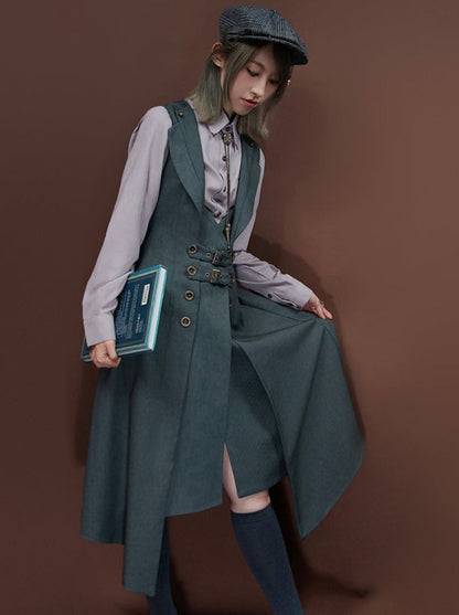 Steam Retro College Style Suit Collar Sleeveless Vest Dress [short/long]