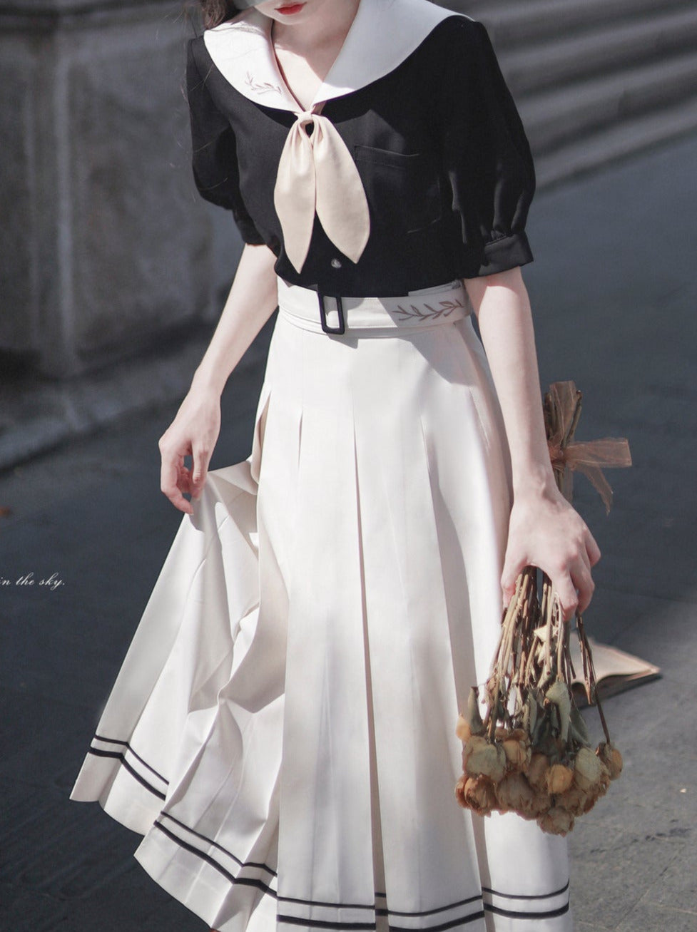 Retro French Sailor Collar Puff Sleeve Shirt + Box Pleat Skirt + Bunny Ear Necktie [pre-order]