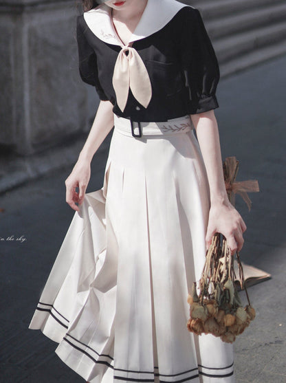 Retro French Sailor Collar Puff Sleeve Shirt + Box Pleat Skirt + Bunny Ear Necktie [pre-order]