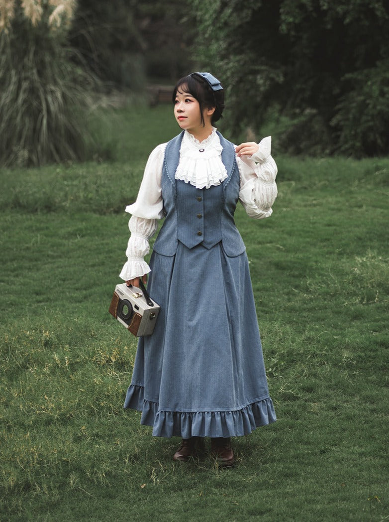 Classical Retro Blouse + Colored Vest + Flared Long Skirt