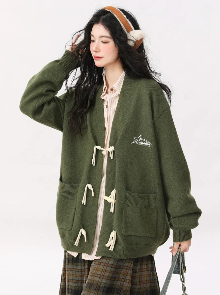 Retro Green Horn Button Cardigan Knit Jacket + Striped Shirt + Check Skirt