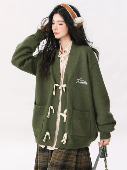 Retro Green Horn Button Cardigan Knit Jacket + Striped Shirt + Check Skirt