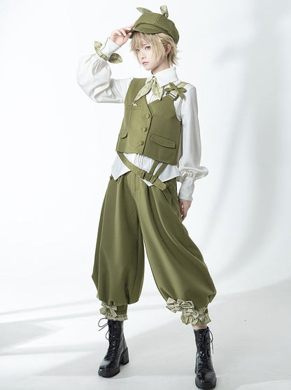 Secret Morning Post Green Tea Color Retro Sweet Cool Vest Shirt Cropped Pants