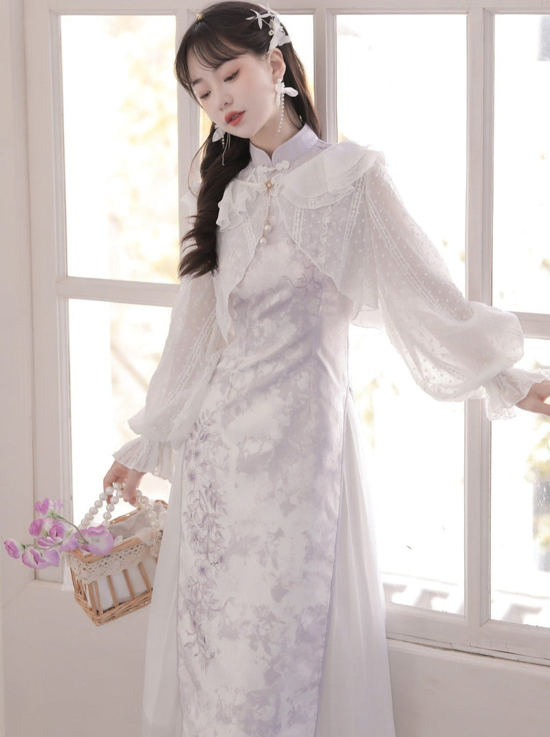 Light Purple Flower Chinese-style Dress + Ruffle Sheer Cardigan