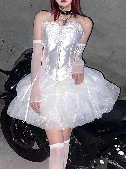 Fairy Lace Embroidery Lace-up Bustier Tulle Dress Set