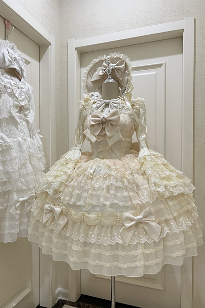 [pre-order] White Sugar Doll Princess Sleeve Suspender Dress Suit + Bonnet Hat