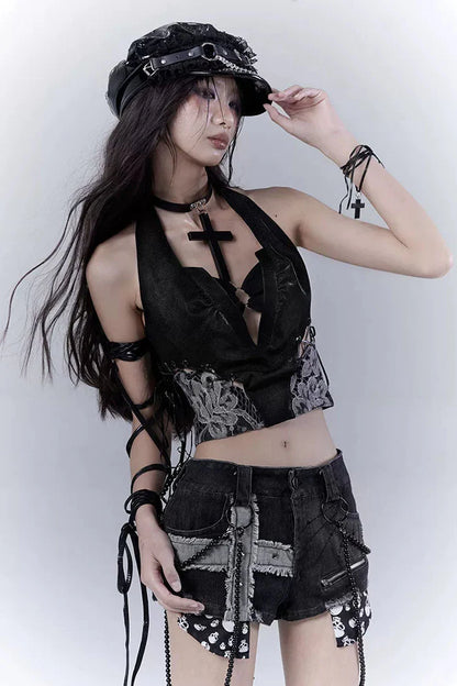 Dark Lace Patchwork Leather Camisole