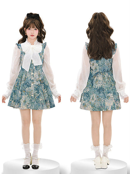 Chiffon Ruffled Bow Tie Shirt + Forest Oil Paint Taste Suspender Dress