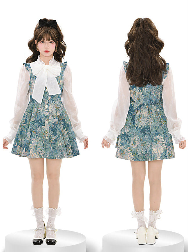 Chiffon Ruffled Bow Tie Shirt + Forest Oil Paint Taste Suspender Dress