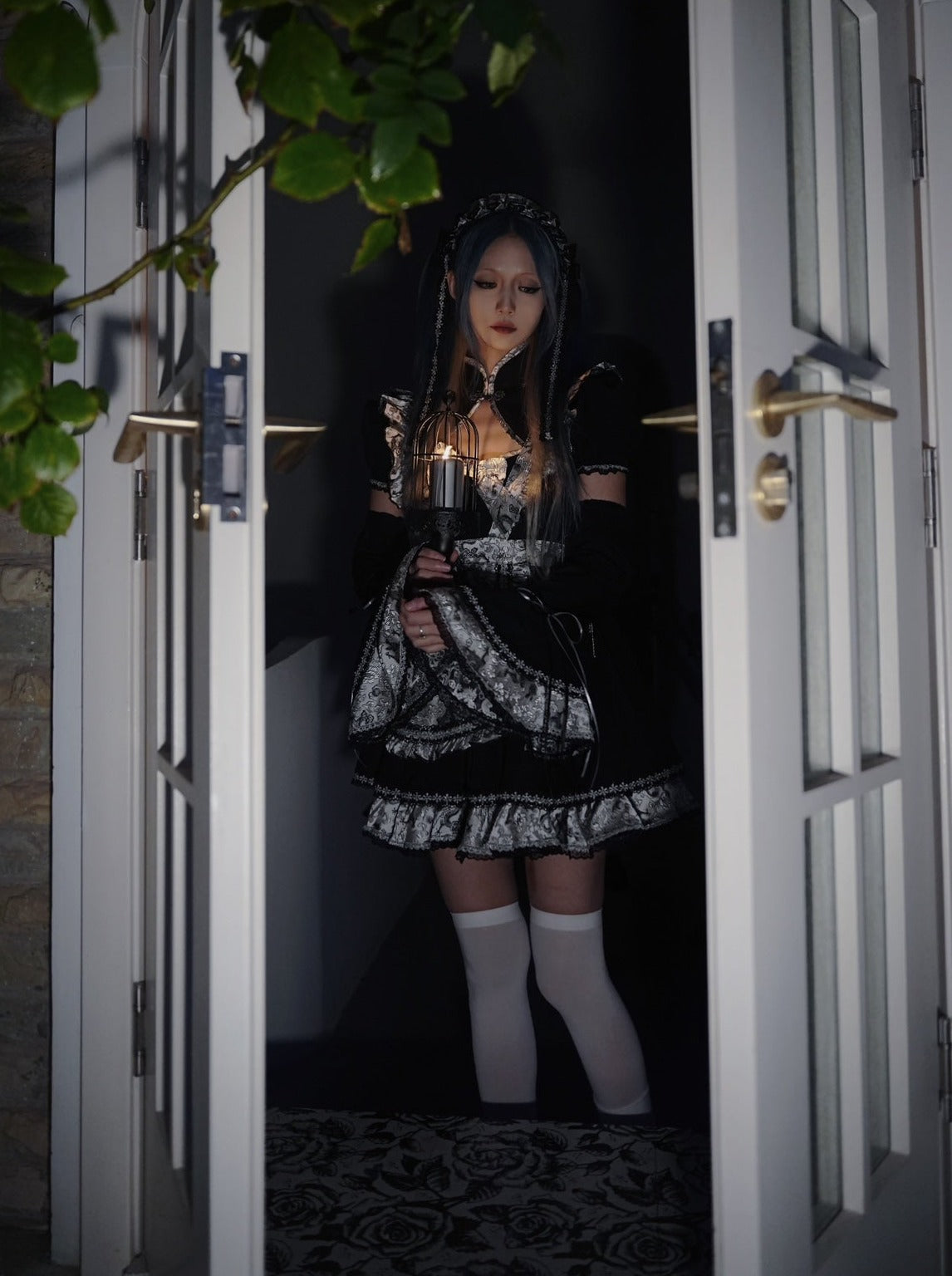 Silver Dragon Maid Gothic Dress + Apron + Arm Cover