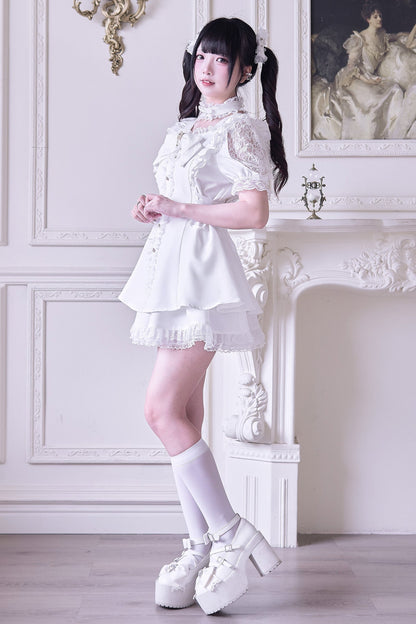 Jirai Stripe Lace Puff Sleeve Top + Short Skirt