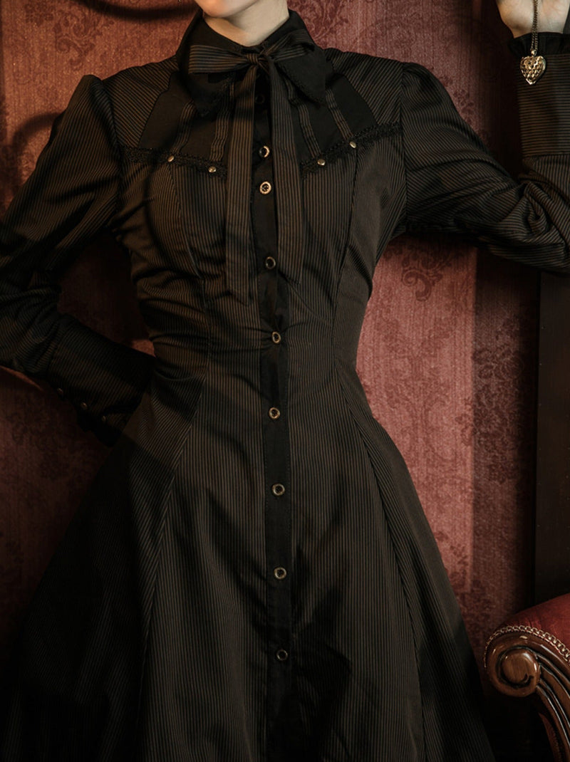 Steam Continental Ruffle Black Coffee Pinstripe Shirt Dress