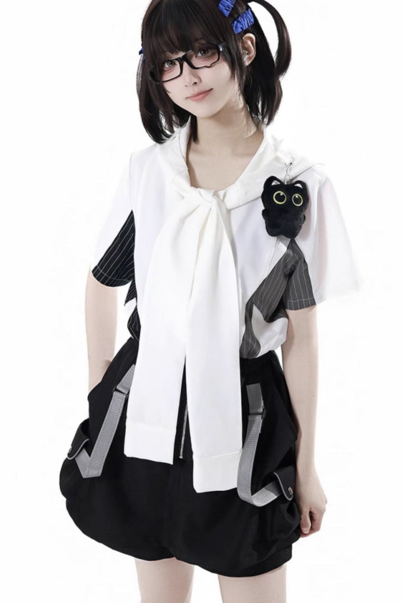Stripe Stitch Design Shirt + Hooded Shirt + Shorts + Culottes + Tie