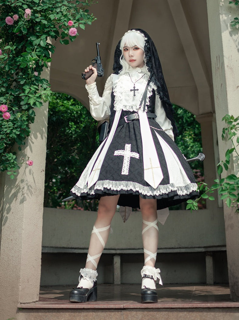 Cross Lolita Dress + Short Jacket + Headband + Veil + Collar