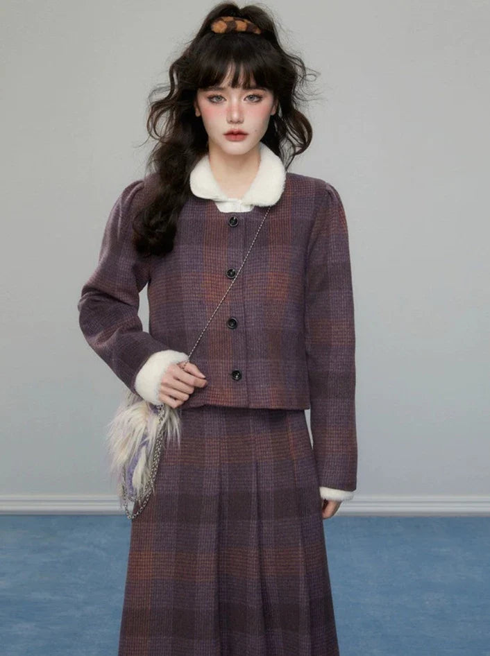 Retro Dark Purple Check Jacket + Long Skirt