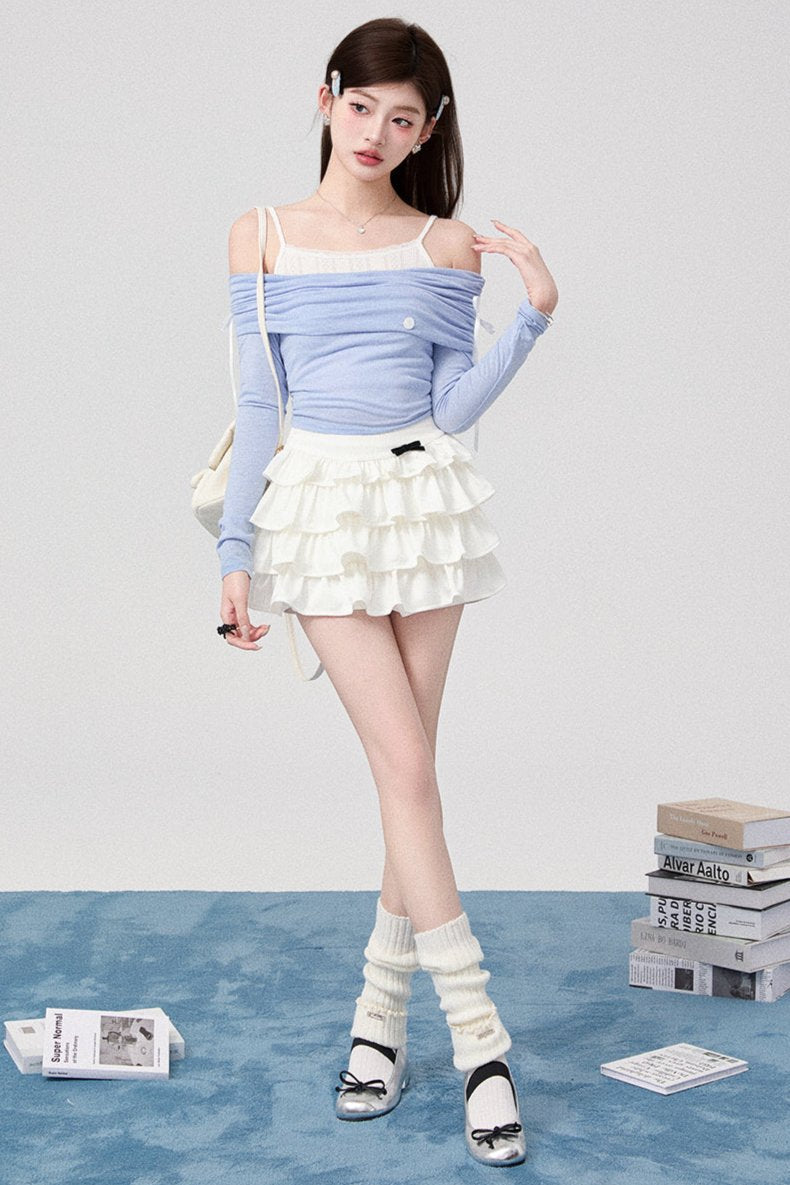 Bow One Shoulder Knit Top + Pleated Skirt + Ribbon Tiered Skirt