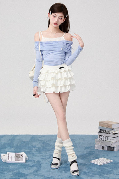 Bow One Shoulder Knit Top + Pleated Skirt + Ribbon Tiered Skirt