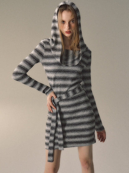 2-way Knit Striped Mode Slim Dress + Knit Scarf