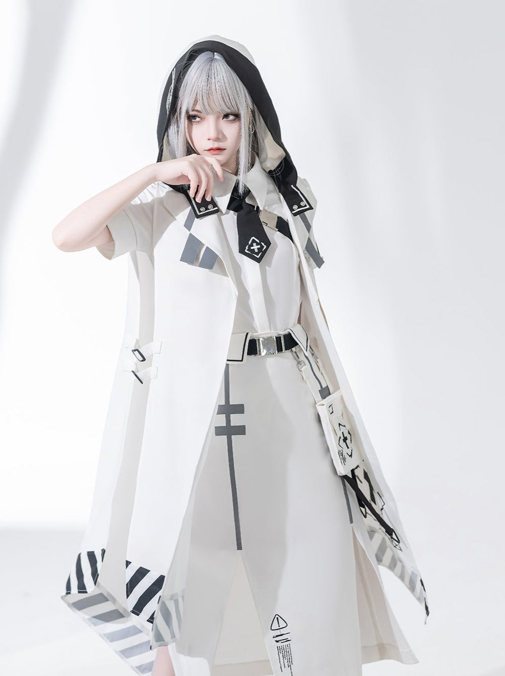 A Line Skirt Design Cape Suit [hoodie Cape + Shirt + Skirt + One Shoulder Cape]
