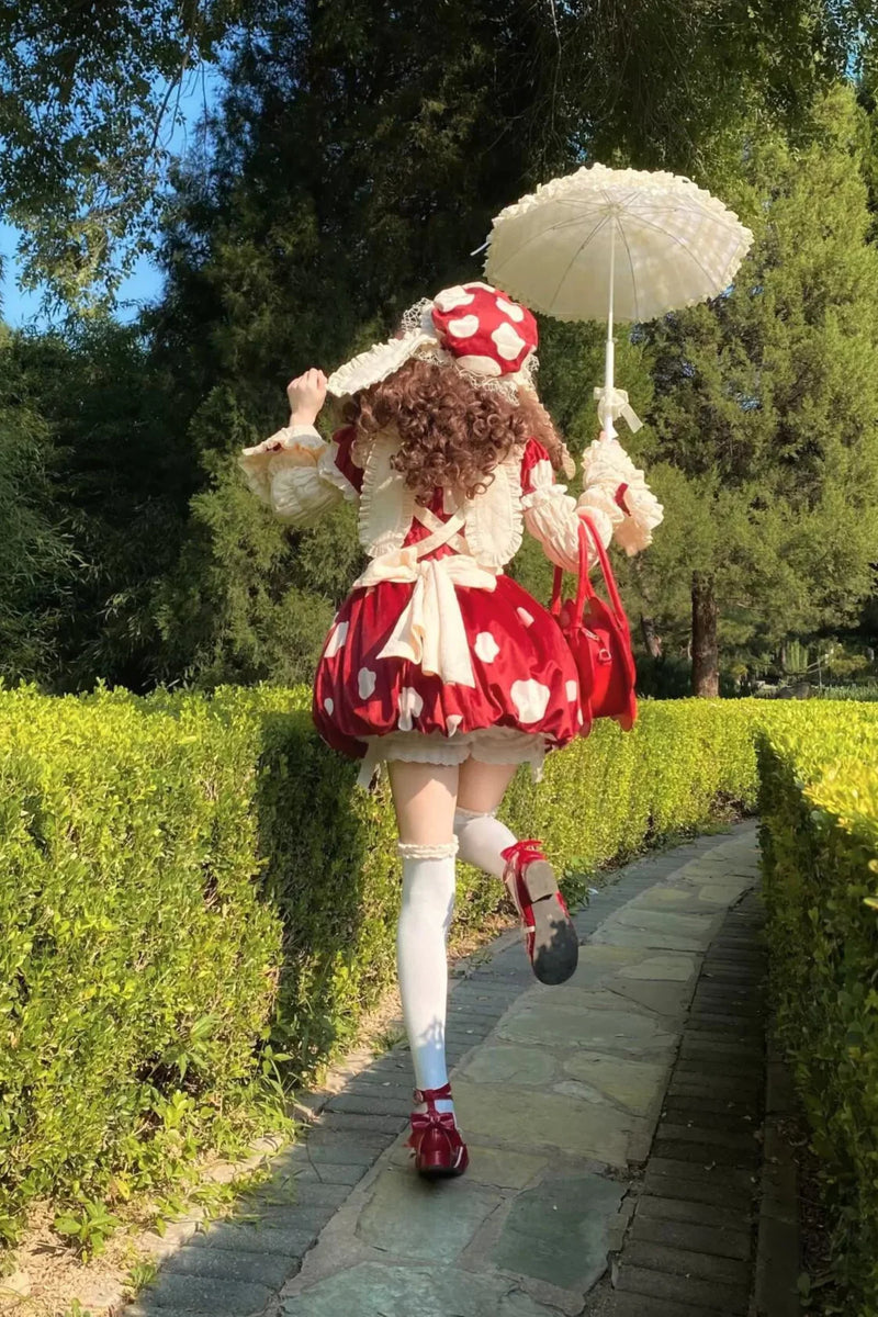 Mushroom Doll Dress + Ribbon Ruffle Apron + Ruffle Sleeves + Bunny Ear Hat