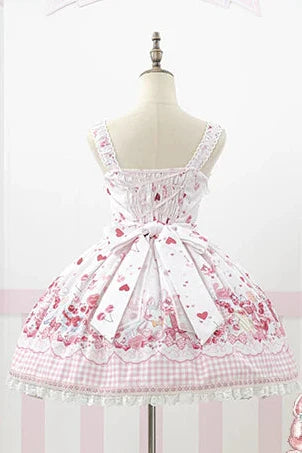 [pre-order Deadline: May 5] Pink Cherry Print Lace Ribbon Bunny Ear Apron Jsk Dress + Accessories