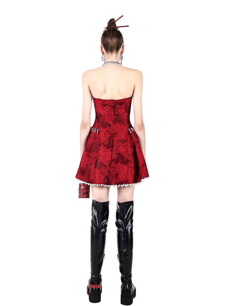 Electric Moon Dark Flower Embroidered Tube Top Pearl Dress