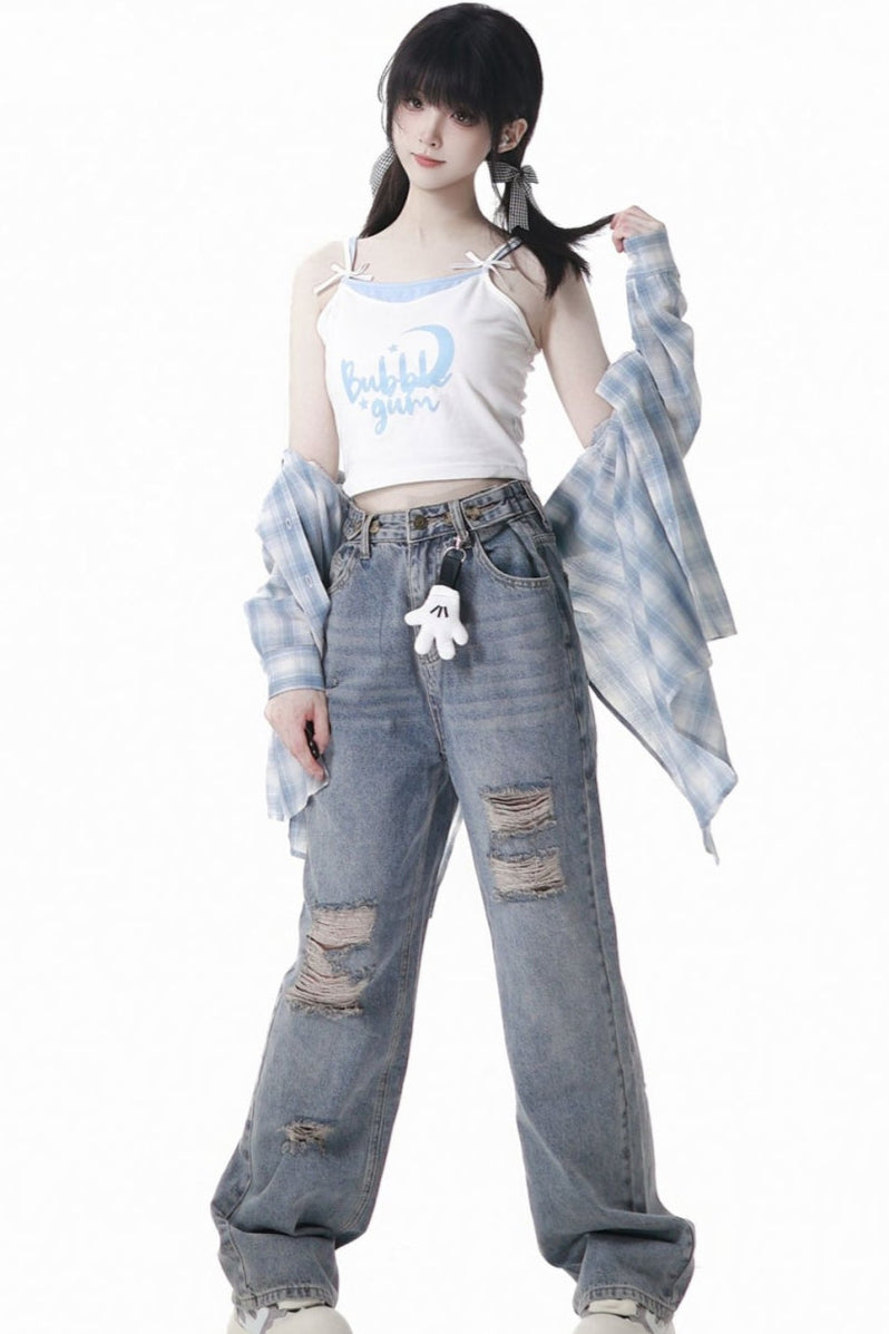 Plaid Shirt + Camisole + Denim Pants