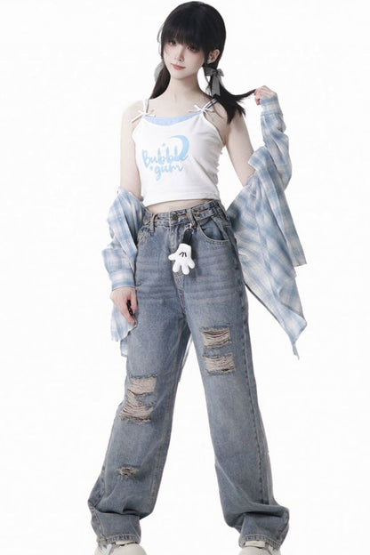 Plaid Shirt + Camisole + Denim Pants