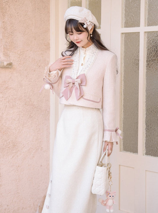 Ruffle Blouse + Tight Skirt + Tweed Ribbon Jacket