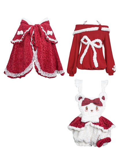 Sweet Girl Cape + Shorts + Ribbon Off-shoulder Top