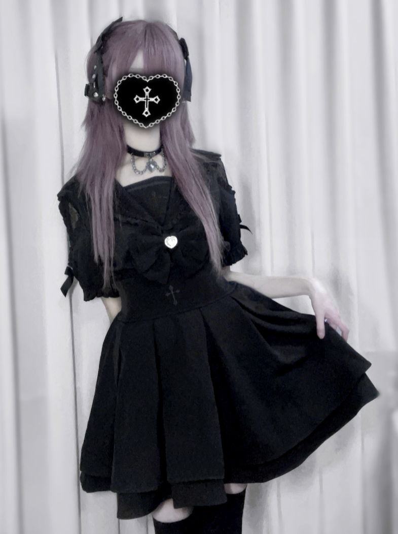 [pre-order] Lace Cross Collar Top + High Waist Skirt