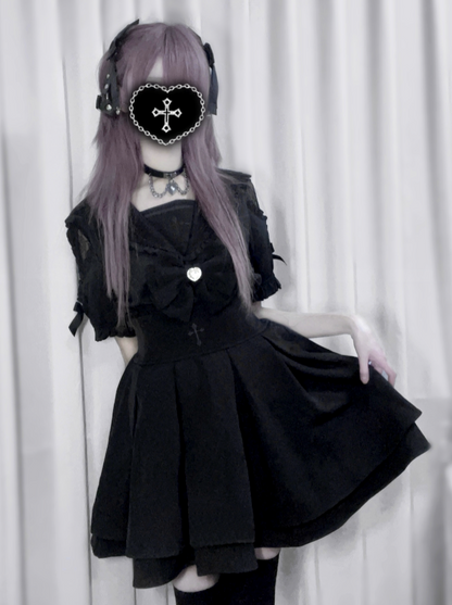 [pre-order] Lace Cross Collar Top + High Waist Skirt