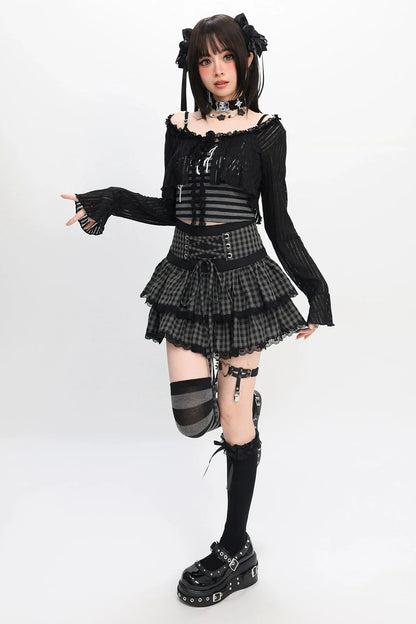 Jirai Y2k Dark Top + Lace-up Skirt