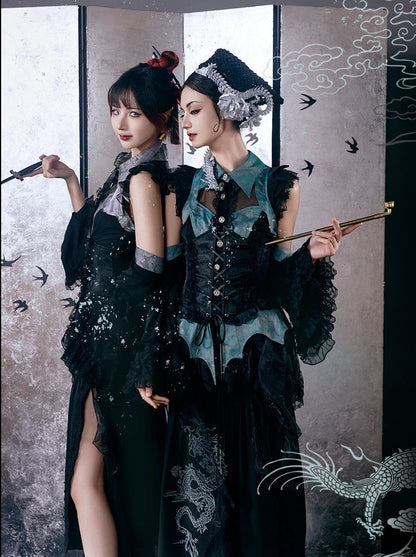 [pre-order] Chinese-style Gothic Subculture Fishtail Skirt + Top + Waist Corset