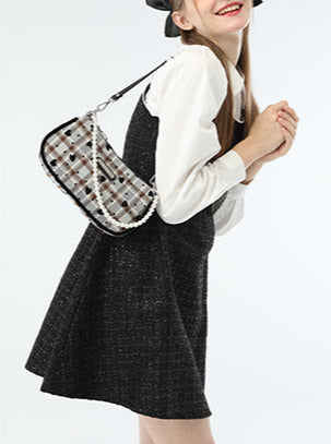 American Retro Sweet Cool Love Plaid Pearl Handle Shoulder Bag