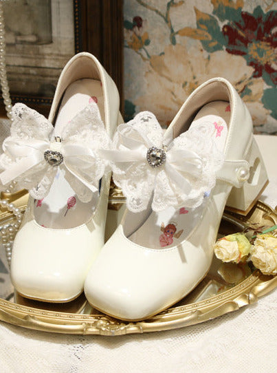 Lolita French Lace Ribbon Square Toe Love Heel Shoes