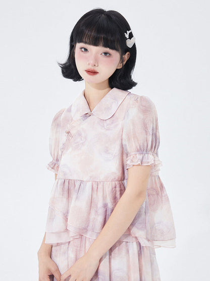 Chinese-style Rose Print Puff Sleeve Ruffle Shirt Skirt Two Piece Set